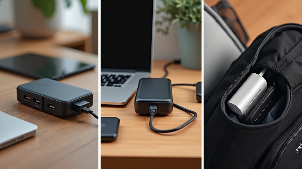 自宅・カフェ・旅行の3つのシーンで異なるサイズのUSB-C充電器を使い分けるイメージ