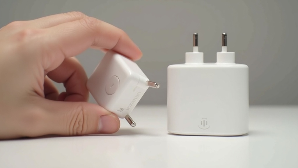 GaN採用の超小型USB-C充電器を手に持ち従来サイズの充電器と比較している様子