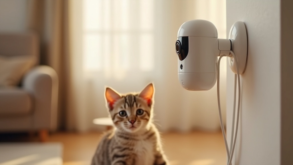 壁に適切な高さで設置されたペットカメラと、キャットタワー付近で遊ぶ猫が映るベストアングルの様子