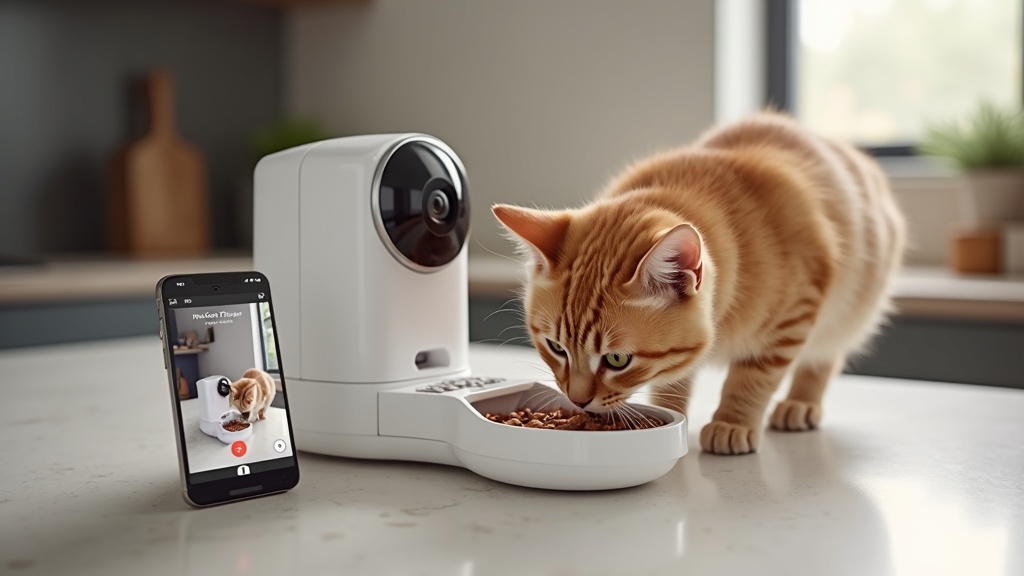ペットカメラと自動給餌器が連携し、給餌中の猫をカメラで見守りながらスマホに通知が届く様子