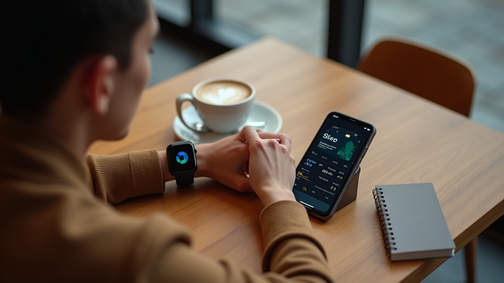 カフェでスマートウォッチとスマートフォンを連携させて睡眠データを確認している日常シーン