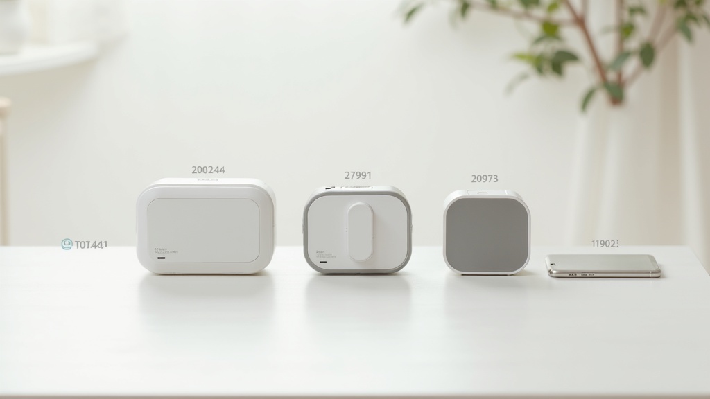 低価格帯スマートロック3機種をテーブルに並べてサイズとデザインを比較している様子