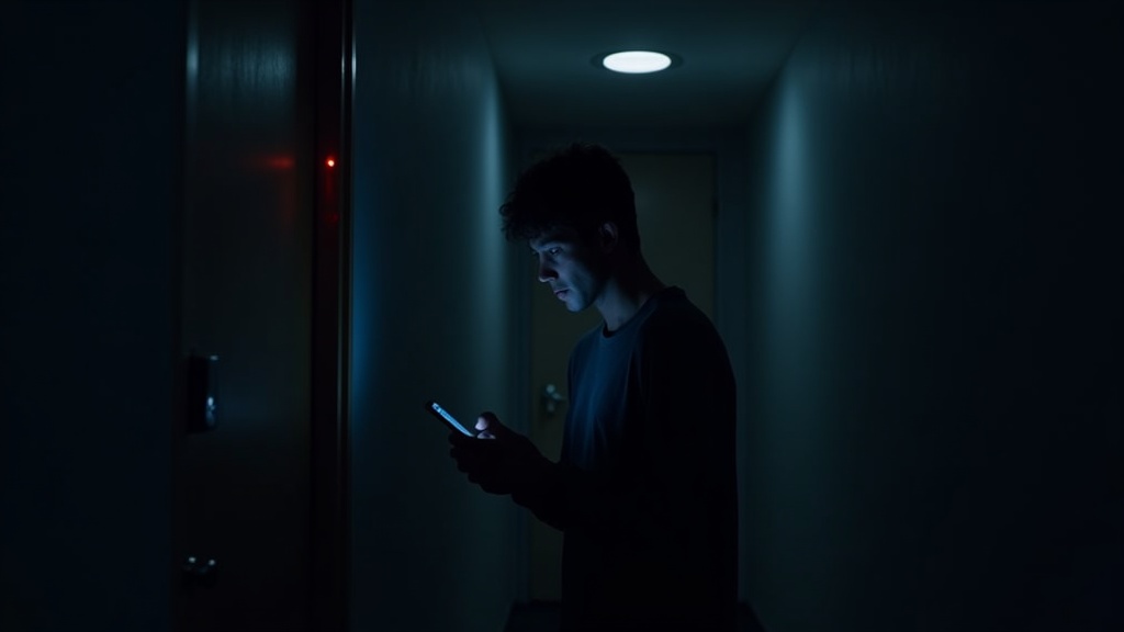 夜間にスマートロックの電池残量低下通知をスマートフォンで確認し困っている人物の写真