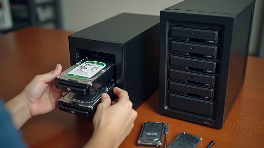 NAS本体にHDDを装着する作業シーン、2ベイと4ベイのNAS筐体とNAS用ハードディスク