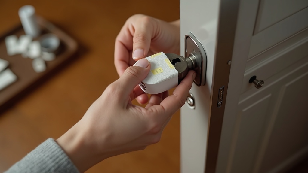 スマートロックを粘着テープ方式で玄関ドアのサムターンに取り付けている作業の手元アップ
