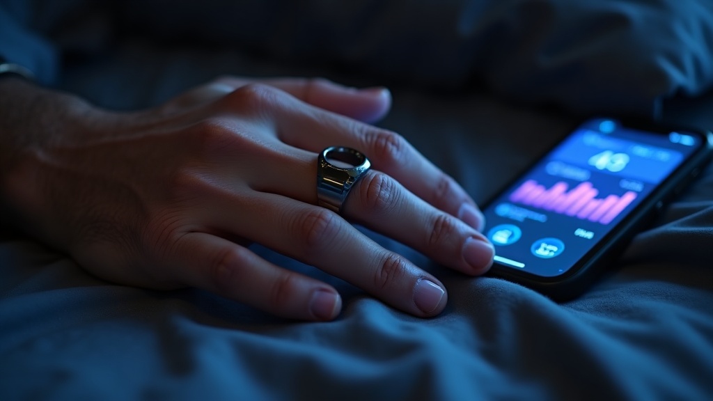 スマートリングを装着した手とスマートフォンに表示された睡眠スコアのダッシュボード画面