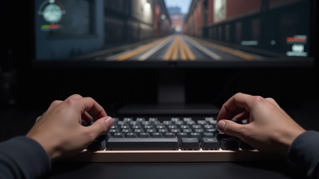 静電容量無接点方式の高級キーボードでFPSゲームをプレイしている手元の様子