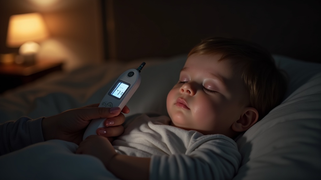 寝ている子どもにスマート体温計で検温する母親の様子