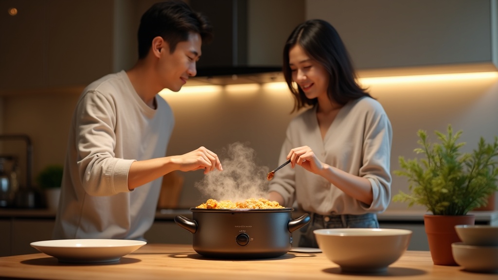 共働き夫婦が帰宅後に電気圧力鍋の予約調理で完成した煮物を取り出す夕食準備の風景