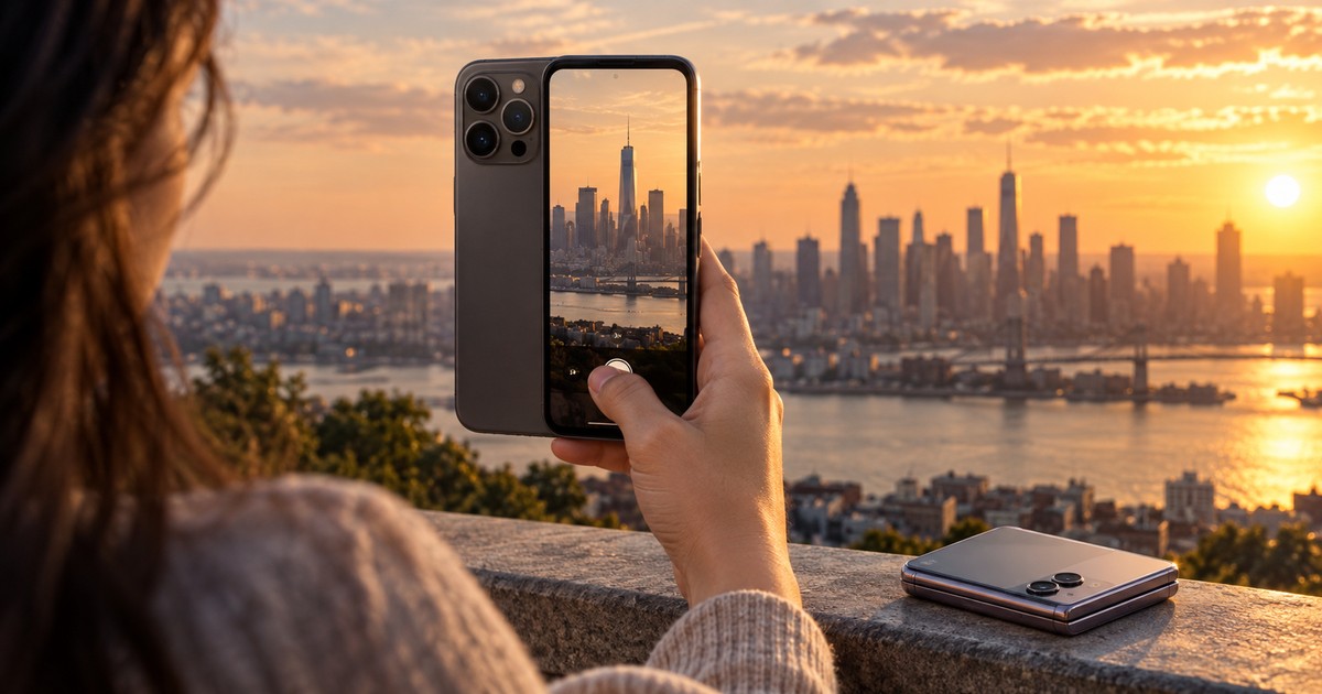 iPhone 18 Proの48MP望遠カメラで夕暮れの街並みを撮影する様子