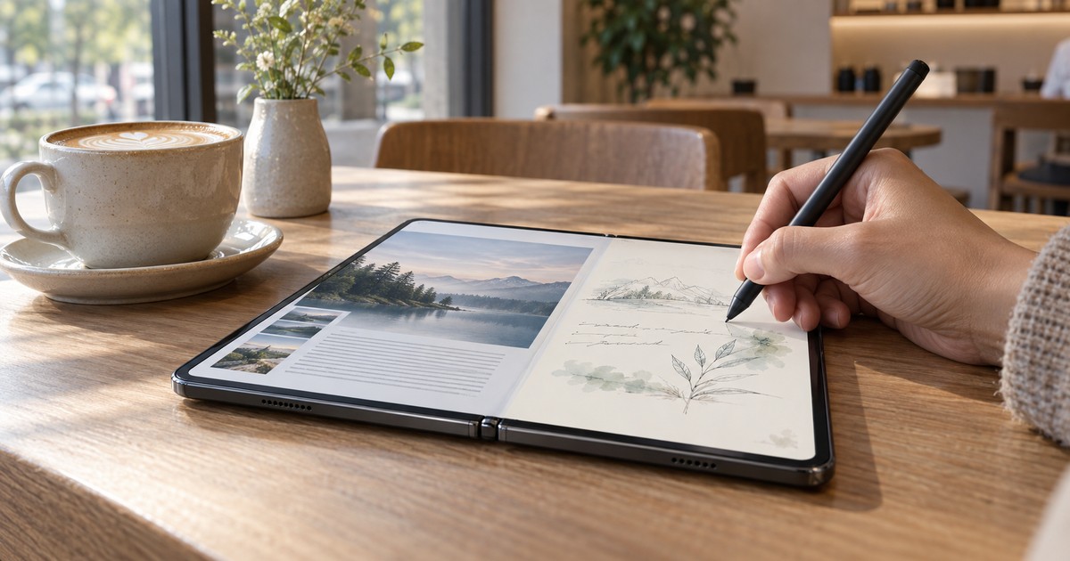 折りたたみiPhone Duoを開いてApple Pencilでメモを取る利用シーン