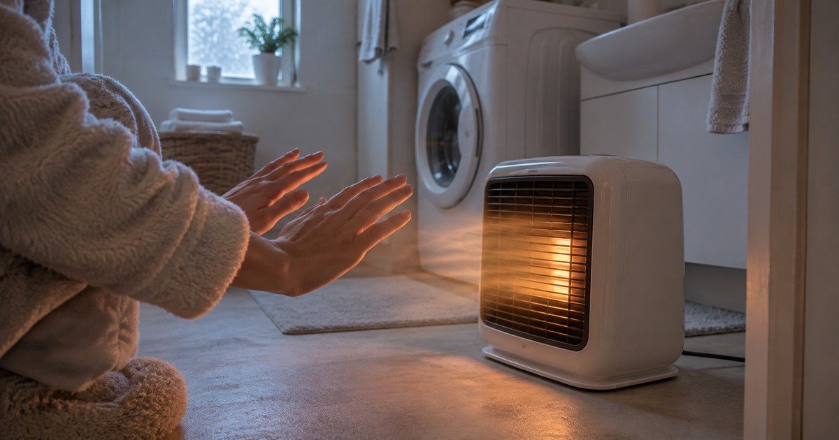 冬の朝の脱衣所でセラミックファンヒーターの温風に手をかざして暖まる様子