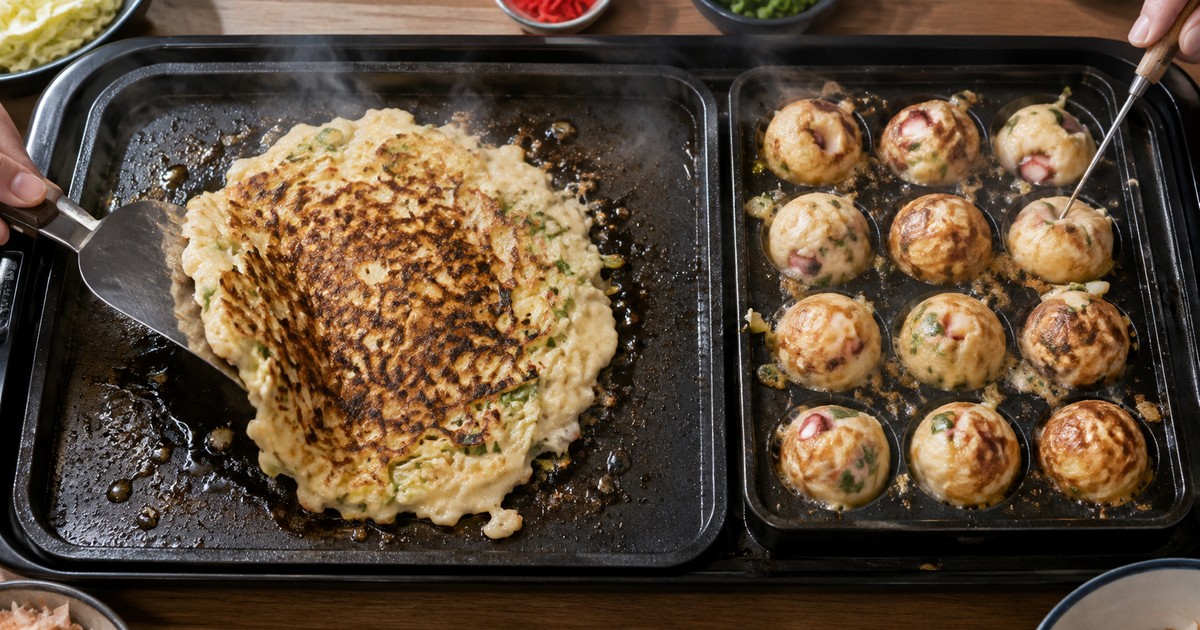 お好み焼きの中央と四隅の焼き色の差でホットプレートの焼きムラを実食検証している様子