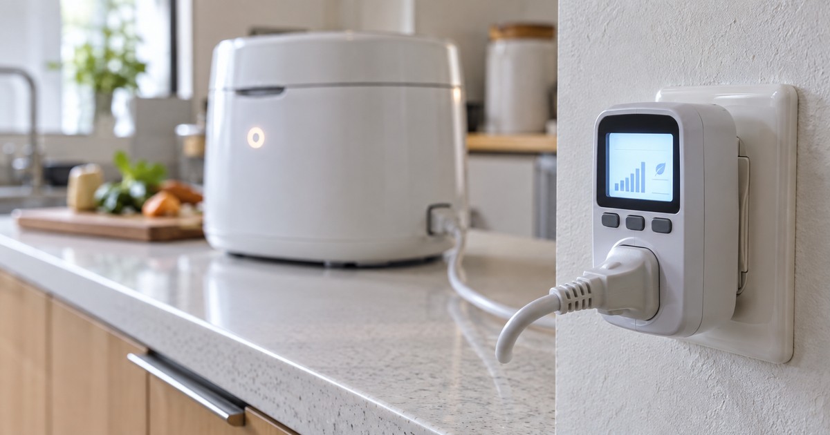 生ごみ処理機の消費電力をワットチェッカーで計測している様子