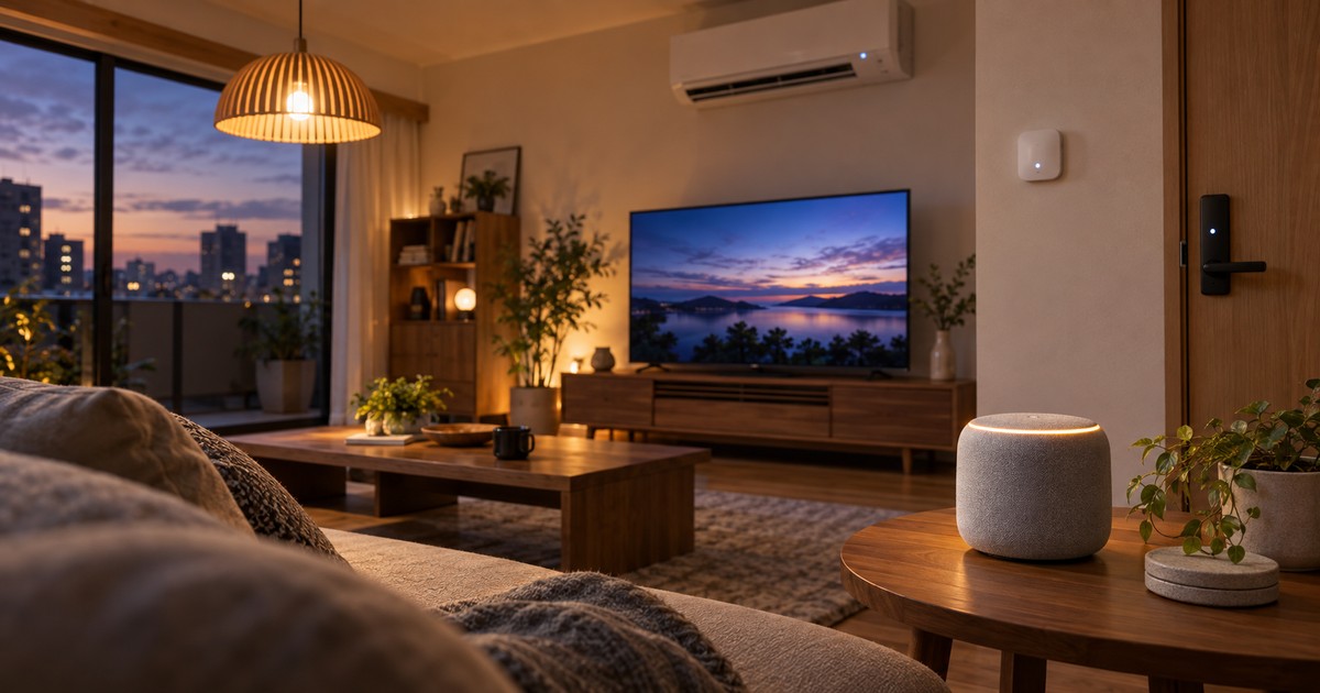 スマートスピーカーをハブにして照明・エアコン・テレビなどの家電を連携させたスマートホームのイメージ