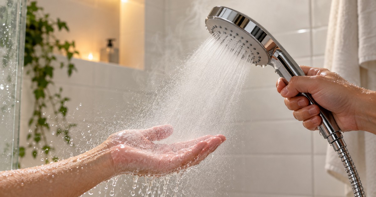 美容シャワーヘッドの水圧と節水率を手のひらで確かめている様子