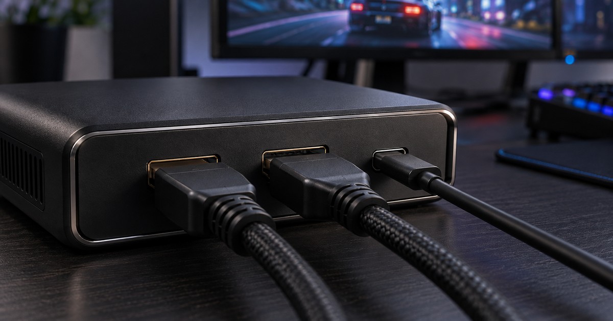 パススルー出力とHDMI 2.1接続を備えたキャプチャーボードの端子部分クローズアップ