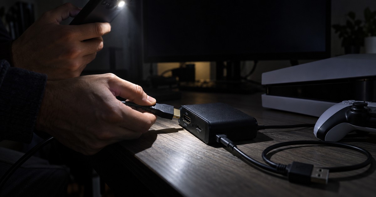 キャプチャーボードのHDMI IN/OUTの向きを確認しながら接続する初期セットアップの様子
