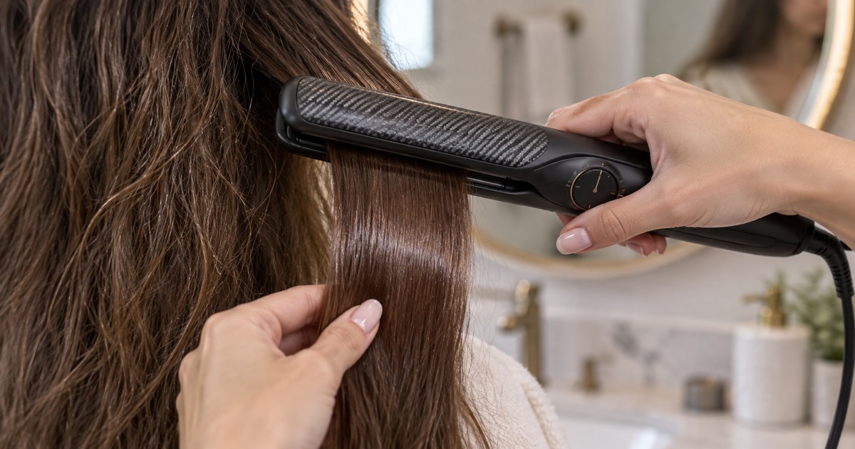 低温設定のヘアアイロンで髪を優しく通しダメージを抑えている手元