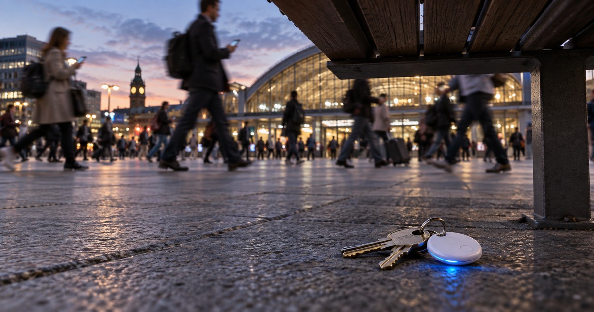 駅前の人混みの中、ベンチ下に落ちた鍵のスマートタグが周囲のスマホに検知される様子