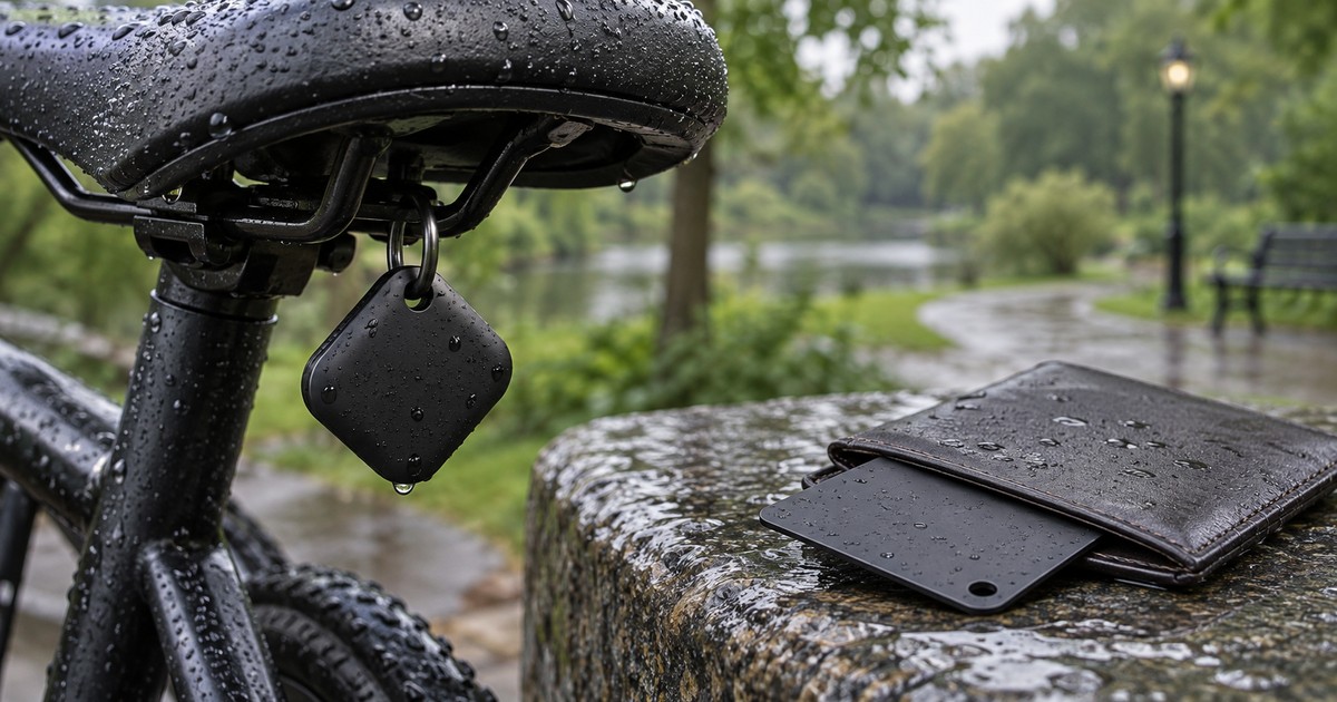 雨に濡れた自転車に付けたキーホルダー型タグとパスポートケースのカード型タグ、IP68防水のイメージ