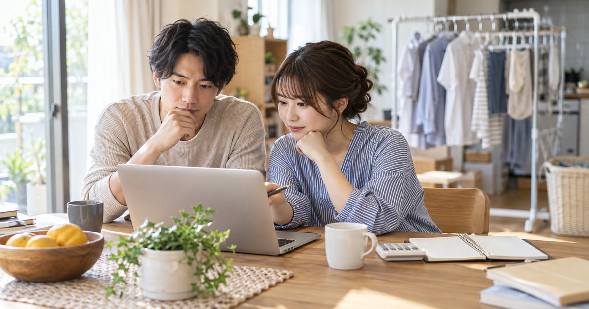 予算と住環境に合わせて衣類乾燥除湿機を選ぶために夫婦が価格を比較検討している様子