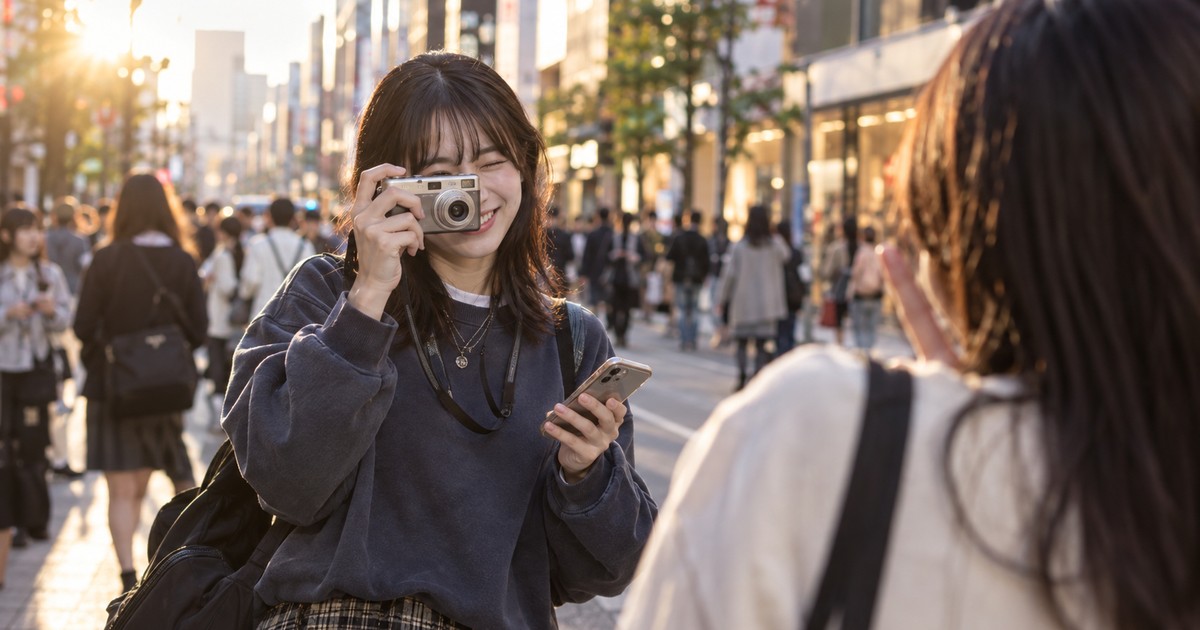 スマホとは別にコンパクトデジカメを首から下げて街を歩くZ世代の大学生